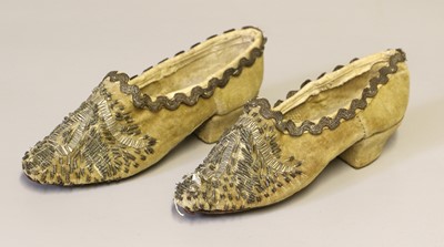 Lot 2097 - Circa 1840 Pair of Childs Cream Velvet Heeled...