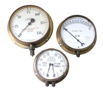 Lot 608 - Three Locomotive Brass-Cased Pressure Gauges,...
