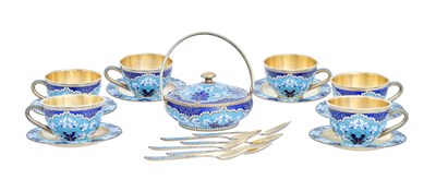 Lot 859 - A Soviet Silver-Gilt and Champlevé Enamel Tea-Service