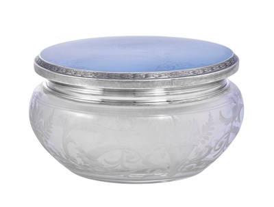 Lot 307 - An American Silver and Enamel-Mounted Engraved-Glass Dressing-Table Jar and Powder-Puff
