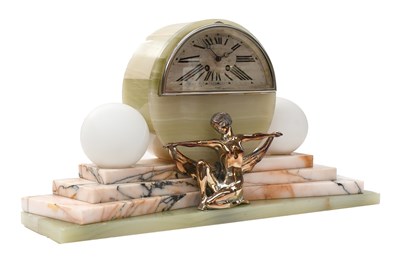 Lot 346 - An Art Deco Green Onyx and Marble Mantel Clock,...