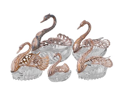 Lot 380 - Five German Silver-Mounted Cut-Glass Swan Ornaments