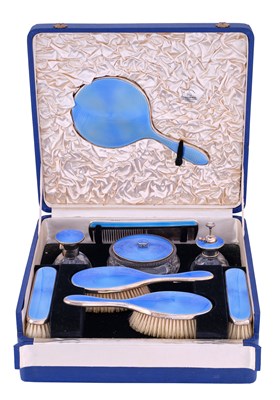 Lot 98 - A George V Silver, Enamel and Cut-Glass Dressing-Table Service