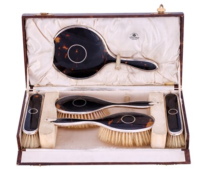 Lot 304 - A Cased Five-Piece George V Silver and Tortoiseshell-Mounted Dressing-Table Service