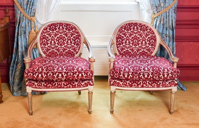 Lot 239 - A Pair of Cream and Red Painted Open Armchairs,...