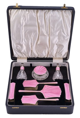 Lot 246 - A Cased Edward VIII and George VI Silver and Enamel-Mounted Dressing-Table Service