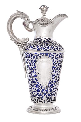 Lot 1008 - A Victorian Silver-Cased Blue Glass Claret-Jug