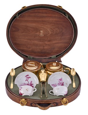 Lot 1019 - A French Cased Silver-Gilt and German Porcelain Travelling Tea-Service