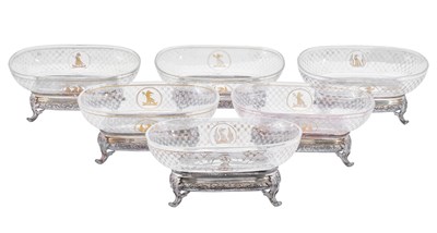 Lot 811 - A Set of Six French Silver-Mounted Engraved-Glass Bowls