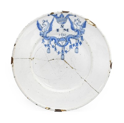 Lot 89 - A Dutch Delft Marriage Plate, dated 1692,...