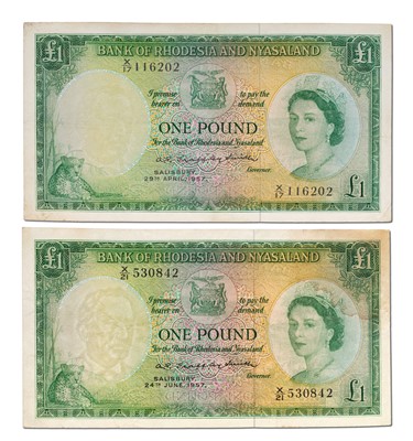 Lot 328 - 2x Rhodesia and Nyasaland, One Pound Notes,...