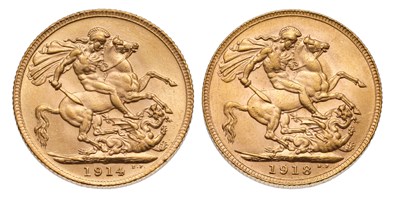 Lot 145 - 2x George V, Sovereigns 1914 and 1918P; both...