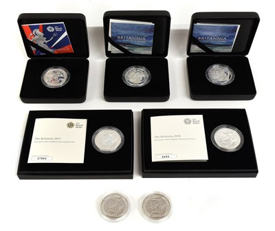 Lot 275 - 7x UK, Fine 1oz Silver Britannias, comprising;...