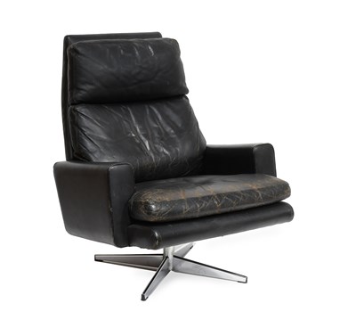 Lot 74 - A Mid-Century Black Leather Swivel Chair,...