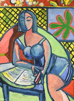 Lot 1035 - Richard Gower (b.1962) Seated girl reading Oil...