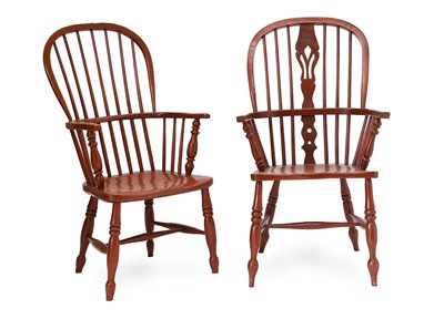 Lot 1269 - Two Red-Painted High-Back Windsor Armchairs,...