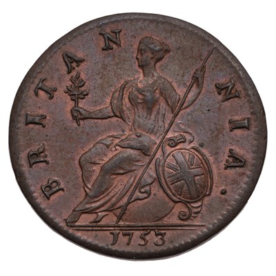 Lot 121 - George II, Halfpenny 1753, (Peck 883, S.3719),...