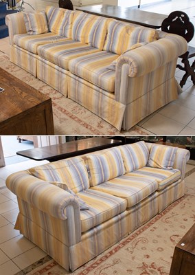 Lot 1200 - A Pair of Striped Three Seater Cottage Sofas,...