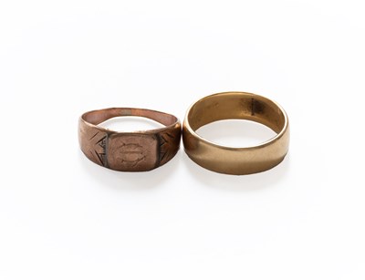 Lot 281 - A Band Ring, stamped '18CT', finger size K;...