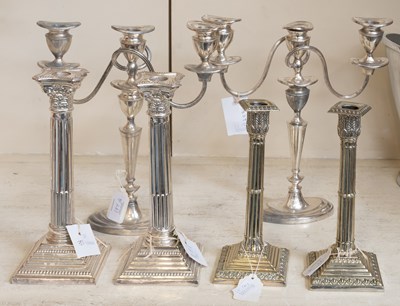 Lot 184 - Two Pairs of Silver Plate Candlesticks, with...