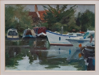 Lot 1110 - Chris Slater (Contemporary) Boats in a harbour...