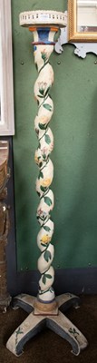 Lot 1349 - A Floral Painted Barley Twist Candle Stand,...