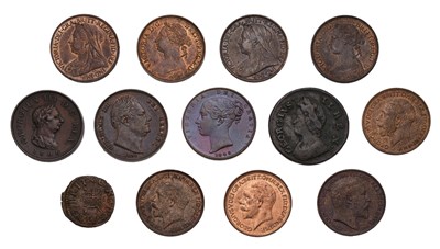 Lot 230 - Assorted UK Farthings; 13 coins in total,...