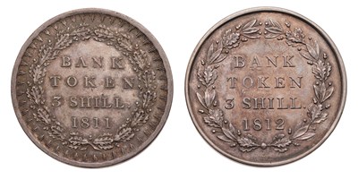 Lot 143 - 2x George III, Three Shilling Bank Tokens,...