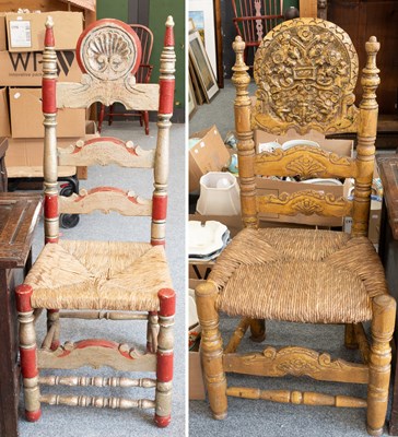 Lot 1263 - Two Decorative Painted Hall Chairs, with rush...
