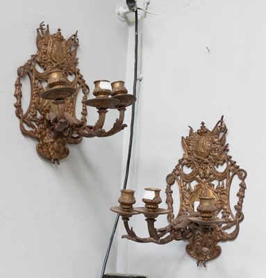 Lot 200 - A Pair of 20th Century Brass Three Light Wall...