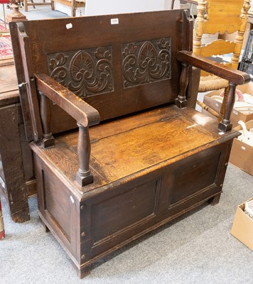 Lot 1265 - A 1930s Carved Oak Monk's Bench, 92cm by 50cm...