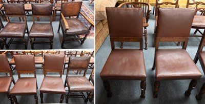 Lot 1341 - A Set of Four Leather and Oak Dining Chairs...