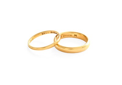 Lot 334 - Two 22 Carat Gold Band Rings, finger sizes...