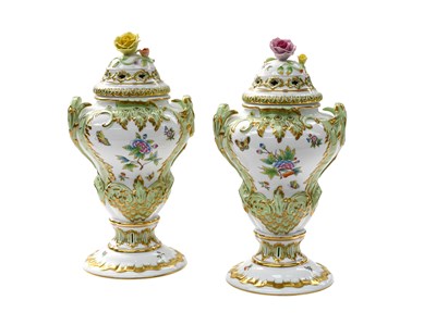 Lot 313 - A Pair of Herend Porcelain Potpourri Urns and...