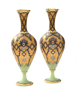 Lot 654 - A Pair of Green Satin Glass Baluster Vases,...