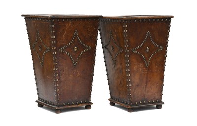 Lot 170 - A Pair of Leather Mounted Oak Wastepaper Bins,...
