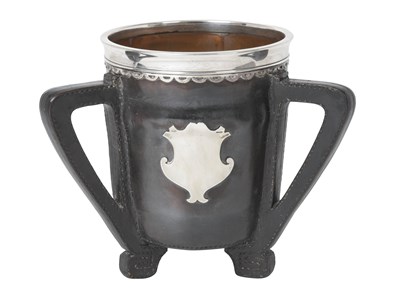 Lot 2521 - An American Silver-Mounted and Copper-Lined Leather Three-Handled Cup