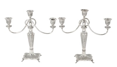 Lot 2526 - A Pair of Persian Silver Three-Light Candleabra