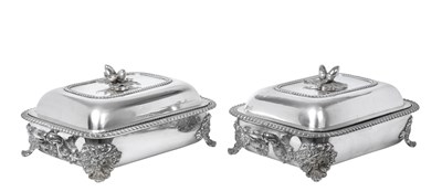 Lot 2441 - A Pair of William IV Silver Entree-Dishes, Covers and Handles, With Old Sheffield Plate Stands