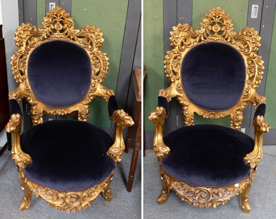 Lot 1331 - A Pair of Gilt and Blue Upholstered Baroque...