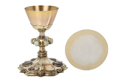 Lot 2607 - An Edward VII Silver-Gilt, Multi-Gem Set, Enamel and Cameo-Mounted Chalice and Paten