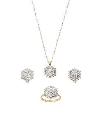 Lot 2321 - A 9 Carat Gold Diamond Cluster Ring, Earring...