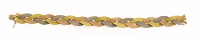 Lot 289 - A Tri-Colour Woven Bracelet, stamped '9CT',...