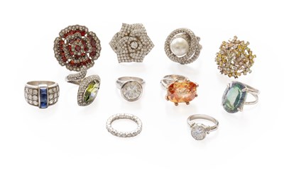 Lot 7 - Eleven Silver/White Metal Paste Dress Rings,...