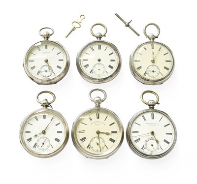 Lot 16 - Six Open Faced Silver Pocket Watches, three...