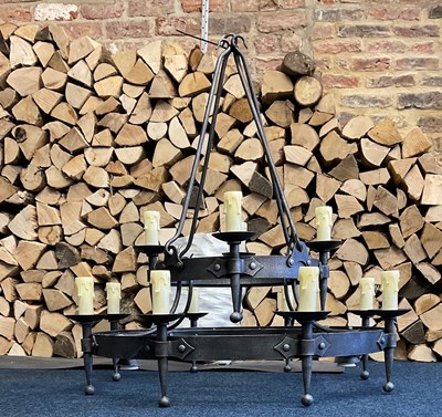 Lot 1279 - A Large Iron Two-Tier Wheel Chandelier, modern,...