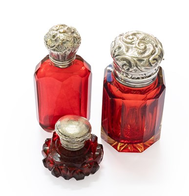 Lot 154 - A Victorian Faceted Cranberry Glass Scent...