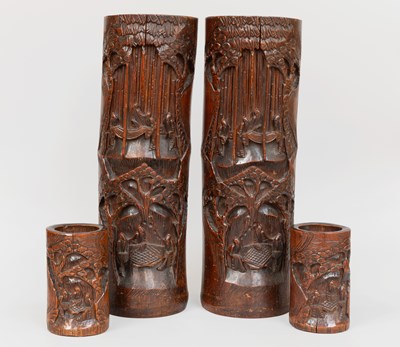 Lot 325 - Chinese carved wood brush pots, two pairs (4)