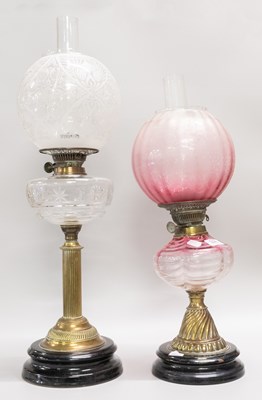 Lot 328 - A Victorian Oil Lamp on Brass Reeded Column...