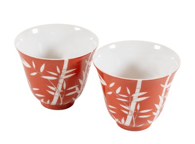 Lot 50 - A Pair of Chinese Porcelain Coral-Ground Tea...